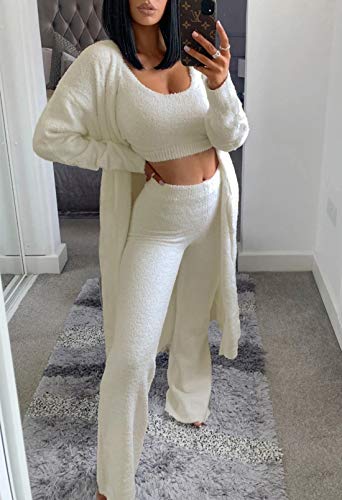 Toleny Women Fuzzy 3 Piece Lounge Sets Open Front Cardigan Crop Top Wide Leg Pants Sweatsuit Outfits White S #TOP2