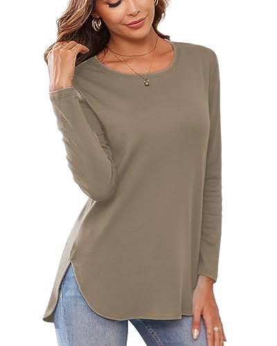 Image of Herou Women's Casual Long /Short Sleeve T Shirt Crewneck with Side Split Fall Pullover Loose Tunic Sweater Tops
