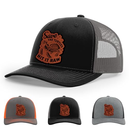 Save The Turtles Hit It Raw Hat Save The Environment Ocean Animals Lover Gifts Hat 112 Style Trucker Leather Patch Hat for Men & Women 6 Panel Baseball Cap with Snapback Enclosure