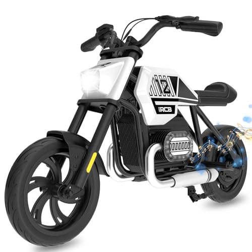 RCB R9 Kinder-Elektromotorrad, Elektro Motorrad mit Lautsprecher, 10/15/25KMH&15KM Reichweite, Stimmungsbeleuchtung, 12-Zoll-Luftreifen für Kinder 6+ Jahren