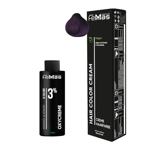 Femmas Juego de tinte para el cabello Violet I Hair Color Cream 100 ml + Crema de óxido 100 ml 3% I Coloración permanente + desarrollador I Suave y duradero I Tinte de pelo de salón para el hogar