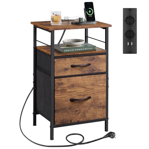 WLIVE Nachttisch mit Ladefunktion, Beistelltisch mit 2 USB-Anschlüssen & 2 Steckdosen, 3 Etagen Nachtschrank für Schlafzimmer, Wohnzimmer, Büro...