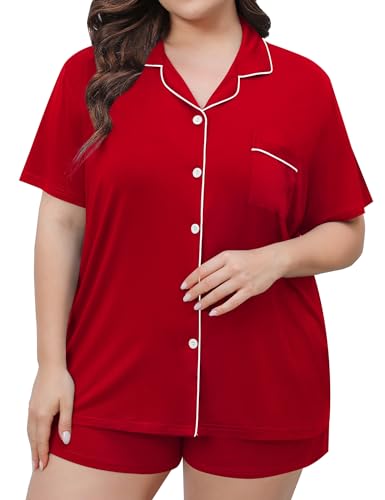 Image of SWOMOG Women's Plus Size Pajamas Set Button Down Tops Short Sleeve Sleepwear Soft Pajama Shorts 2 Pcs Lounge Sets With Pocket