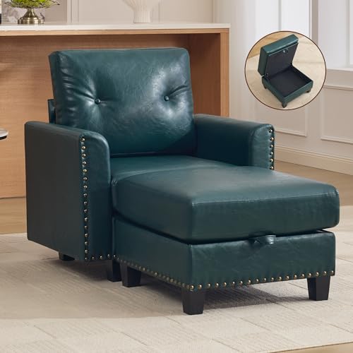 Image of 34.3 inch Faux Leather Modular Sectional Single Couch with Storage Ottoman, Vintage PU Leather Lounge Sofa Chair with Nailhead Trim, Mid Century Modern Tufted Couches for Living Room,Office, Forest Green