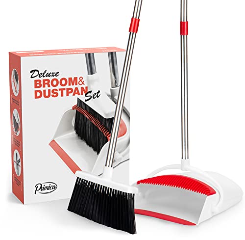 Broom and Dustpan - Broom and Dustpan Set for Home, Kitchen, Floor, Office, Living Room - Upright Standing Long Handle - Self-Cleaning Broom Bristles