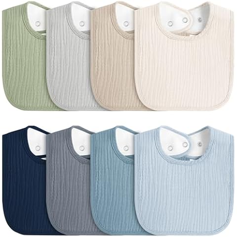 MairMore 8-Pack Baby Muslin Bibs, Soft Cotton Drool Bibs for Boys Girls, Adjustable and Absorbent Newborn Bib Set for Feeding and Drooling Cover