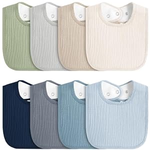 8-Pack Baby Muslin Bibs, Soft Cotton Drool Bibs for Boys Girls, Adjustable and Absorbent Newborn Bib Set for Feeding and Drooling