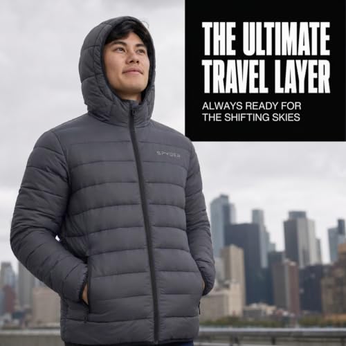 Image of Spyder Puffer Jacket Men - Packable Lightweight Quilted Hooded Winter Coat | Soft-touch insulation, packs into inner zip pocket, reversed coil zipper, zippered hand pockets