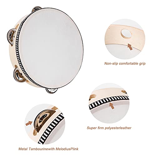 Dreokee Tambourines For Adults, 7 Inch Wooden Hand Held Drum Bell Tamborine With Birch Metal Jingles Single Row Percussion Musical Instruments Hand Tambourine For Church, Ktv, Party, Game #TOP3