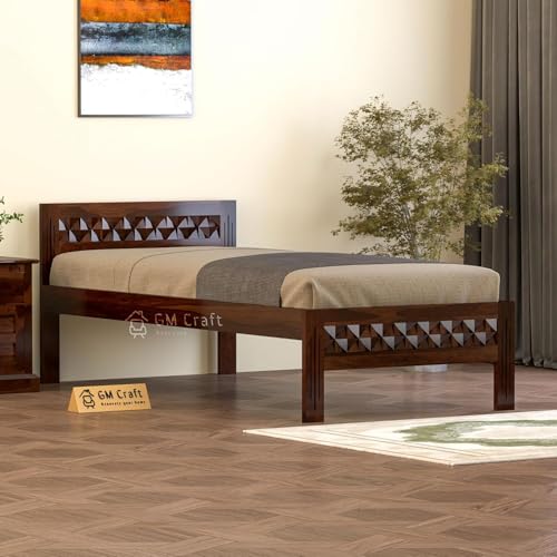 Image of Sheesham Wood Single Bed, Diamond Pattern Headboard, 80 x 38 inches, Without Storage (Walnut)