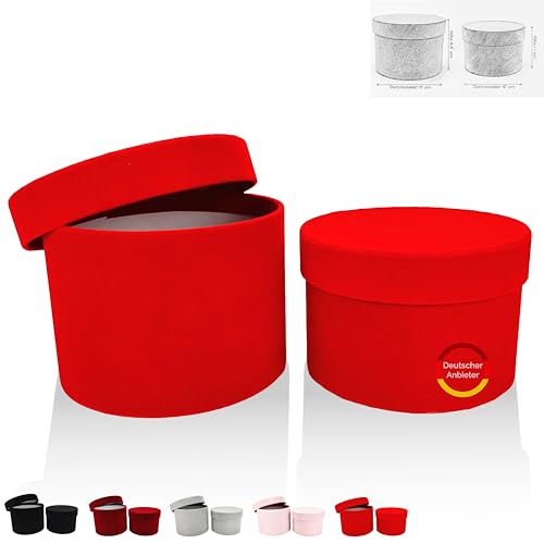 FleurDekoer Juego de 2 cajas de regalo redondas con tapa [terciopelo] caja de flores para flores, chocolate, para cumpleaños, boda, Navidad, día de la madre, día de San Valentín, 5 colores (rojo)