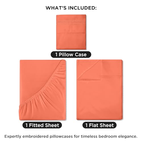 Image of ROYALE LINENS 3 Piece Twin Sheets Set - Soft Brushed 1800 Microfiber Bedding - 1 Fitted and 1 Flat Sheet, 1 Pillow case - Wrinkle Free & Fade Resistant - Hotel Luxury Bed Sheets Set (Coral, Twin)