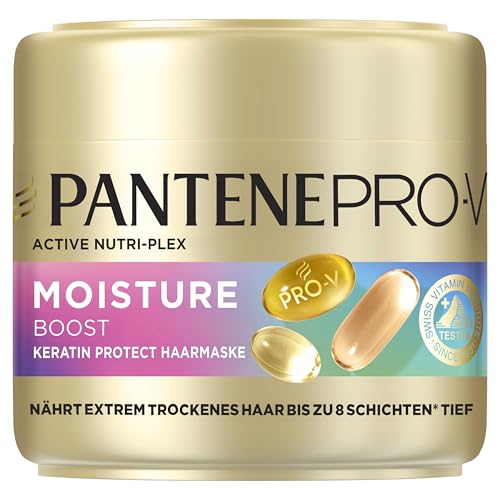 Pantene Pro-V Moisture Boost Keratin Protect Haarmaske 300ml Extrem Trockenes Haar. Nährt bis zu 8 Schichten Tief und Schließt Luftfeuchtigkeit Aus. Pro-V Formel und Active Nutri-Plex-Technologie