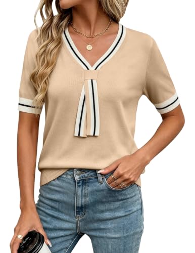 Image of Libsorge Womens Lightweight Cute Bow Tie Sweater Spring 2026 Business Casual Outfits V Neck Short Sleeve Tops