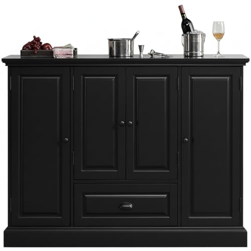 Image of APRODZ Solid Mango Wood Bar Cabinet for Home and Bar | Stylish Wooden Wine Storage Rack with Drawer, Glass Holder & Bottle Organizer Drink Wine Rack Organizer for Living Room,Black Finish