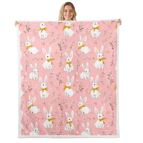 Image of Cute Rabbit Throw Blankets Cartoon Bunny Pink Fleece Flannel Throws Boys Girls Lovely Little Floral Rabbit Decor Soft Cozy Fleece Blankets Botanical Animal for Sofa Bed Couch,40x50 Inches