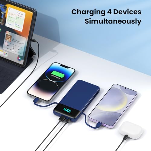 Image of Portable Charger for iPhone,13800mAh Slim Power Bank with Built-in Cables & AC Wall Plug,All in One 4 Outputs USB C Fast Charging Battery Pack Travel Essential for iPhone 17 /16 /15 /14,Android (Blue)