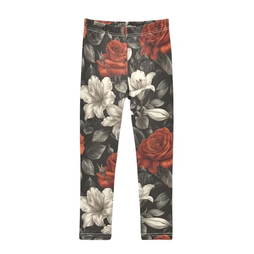 Red Rose Lily Flower Girls Leggings Ultra Soft Compression Yoga Gym Pants for Kids 4-10T