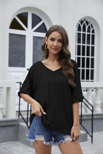 UNCLECAT Women's V Neck Oversized T-Shirts Summer Short Sleeve Shirts Loose Casual Tops Tee3