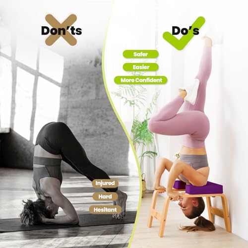 Image of Yoga Headstand Bench, Stand Yoga Chair for Balance Training, Core Strength Building, Upside Down Chair for Relaxation, Handstand Trainer Inversion Chair for Home Gym (Wood Purple)