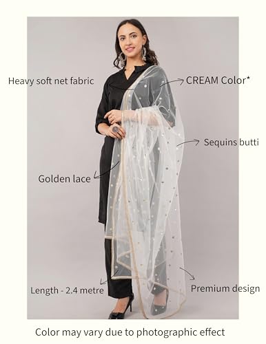 Image of Net Butti Dupatta for Women | Golden Lace Border Chunni | Butti Work Odhani | Wedding & Bridal Styling | Lightweight Drape | Kurti & Salwar Suit