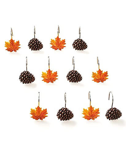 Autumn Forest Shower Hooks with Pine Cones, Maple Leaves for Curtains - 12 Pcs.