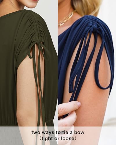 Newshows Womens Summer Dresses Short Sleeve Casual Midi Dress Boat Neck Smocked Drawstring Dresses Black,L - Image 7
