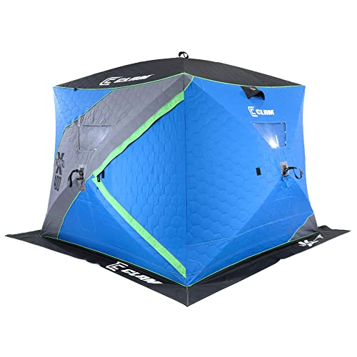 CLAM X400 8 x 8 Foot Portable Pop-Up Outdoor Ice Fishing Shelter 4 Sided Thermal Hub Shelter Tent with Anchors and Carry Bag, Blue