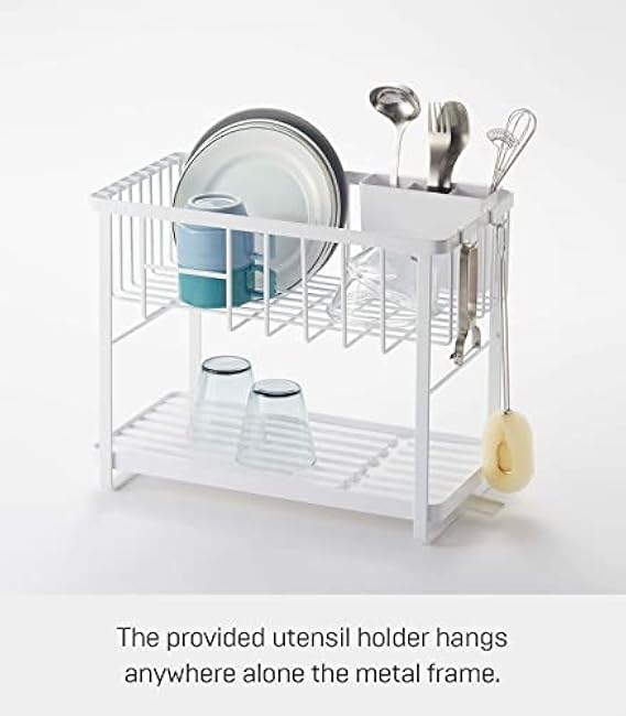 Yamazaki Home Two-Tier Adjustable Dish Drainer Rack, Compact Drying Rack with Hooks, Utensils Holder, Steel, Draining Spout, Water Resistant, No Assembly Req., White