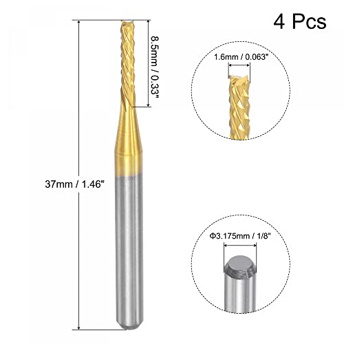 Image of uxcell End Mill CNC Router Bits, 1 /8 inch 3.175mm Shank 1.6mm x 8.5mm Titanium Coated Tungsten Carbide Left Hand Engraving Milling Cutter for PCB Plastic Fiber Wood 4pcs