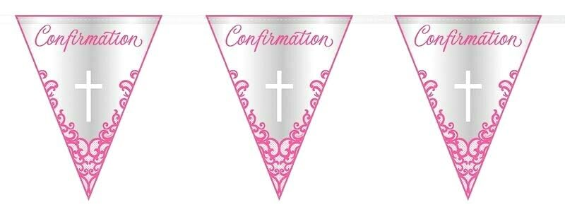 Girl's First Holy Confirmation Bunting 9ft (2.7m) Pink Foil Decoration – Religious Party Banner with Cross Design - Flag Banner Garland UP