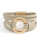 Circle Charm Bracelets for Women Handmade Grey Leather Wrap Bracelets for Women Teen Girls Bohemian