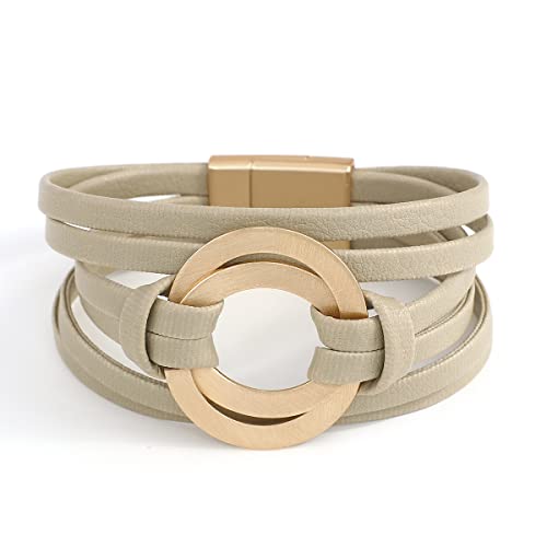 Circle Charm Bracelets For Women Handmade Grey Leather Wrap Bracelets For Women Teen Girls Bohemian Couples Friendship Bracelet Cuff Bangle Boho Jewelry Gift For Sisters, Wife And Mother #TOP3
