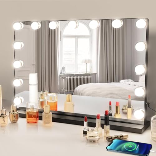 SensaHome Vanity Mirror Pro - Espejo de Maquillaje Estilo Hollywood con 15 Luces LED Regulables - 3 Modos de Luz - 80x60cm - Negro - imagen 3