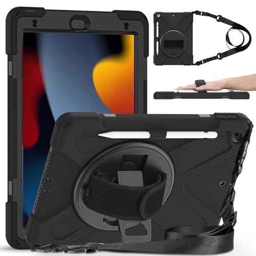 Gerutek Cover per iPad 9a/8a/7a Generazione 10.2 Pollici (2021/2020/2019), Custodia Antiurto con Supporto Girevole a 360°/ Cinghia per Mano/Spalla/Portapenne, Nero