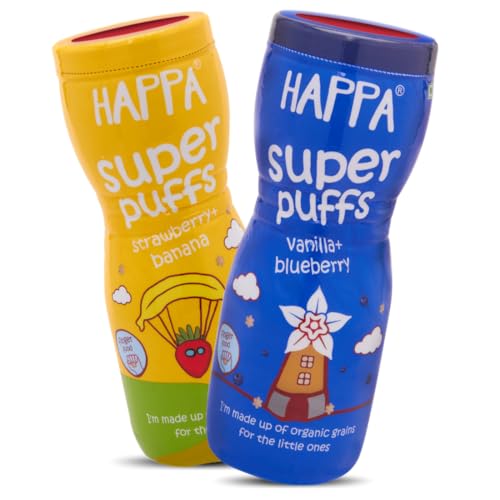 Image of Happa Organic Multigrain Melts Teething Super Puffs (Healthy Organic Snack for Little One, 8 Months+) Strawberry & Banana + Vanilla & Blueberry (Pack of 2)