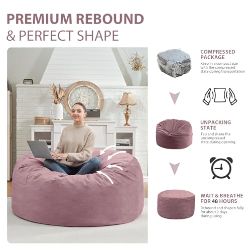 4FT Bean Bag Chair, Large Bean Bag Chairs with Memory Foam Filled, Fluffy Beanbag Sofa with Dutch Velvet Cover, Round BeanBag Chairs for Living Room, Playroom - Dusty Pink