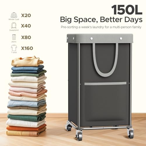 Miniatura 2 de Jyps Cesta De Lavandería Grande De 150 L, Con Ruedas Y Asa, Cestas De Lavado Extraíbles Y 2 Bolsas Laterales, Bolsa De Lavandería De Tela Oxford Impermeable Para Almacenamiento De Ropa Sucia