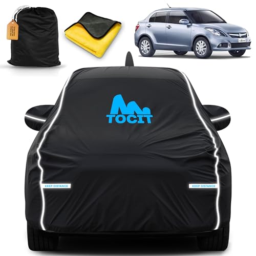Image of Suzuki Dzire Waterproof Long Life Cover with Safety Glow Reflective Strap, Premium Stretchable Velvet Velour Fabric, Machine Washable, Tri-Stitch Custom Fit with Mirror & Antenna Pocket