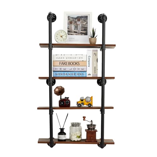 GarveeHome Industrial Pipe Shelving Wall Mounted, 30 in Metal Floating Shelves, Steampunk Real Wood Book Shelves, Wall Shelf Unit Wineshelf Hanging Wall Shelves, Kitchen Bar Shelving(4 Tier)
