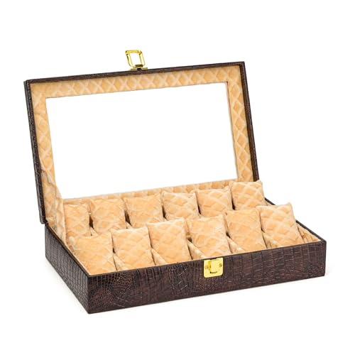 Image of NAAZS Luxury Leather Watch Organizer Box for Men - 12 Slot Watch Storage Case with Glass Lid & Velvet Lining - Display Box for Wrist Watches, Jewelry Holder, Travel Case - Gift for Men & Collectors