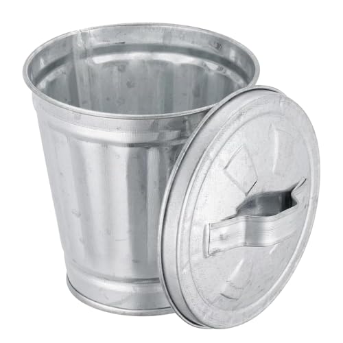 Mioaoa Silver Mini Galvanized Trash Can with Lid Mini Wastebasket Trash Can Small Metal Buckets Tabletop Can Metal Rubbish Bin Flower Pot Pen Holde Trash Wastebaskets (9.5X9X6.3CM)