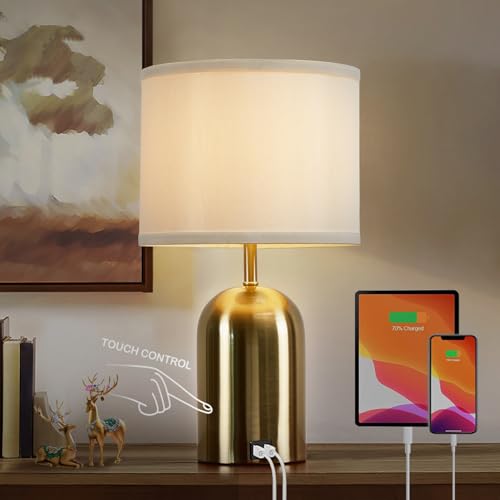 GyroVu Moderne Nachttischlampe mit USB-Port & Touch-Control & 3-Stufen Dimmbar, Stoffschirm & Goldfarbener Fuß für Schlafzimmer, Wohnzimmer und Home Office