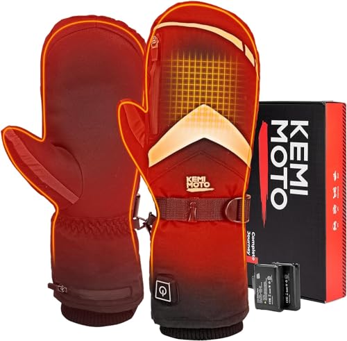 KEMIMOTO Heated Ski Gloves Mens, Rechargeable Heated Gloves for Men Women, Touchscreen Ski Mittens with 3 Adjustable Heating Levels, Waterproof Washable Winter Hand Warmers for Skiing Hiking Running