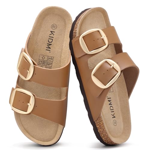 Image of KIDMI Women's Cork Footbed Slide Sandals Comfortable Arch Support Outdoor Sandal with Big Adjustable Buckle for Summer