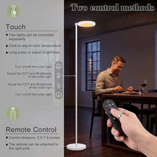Image of Omorepa 36W 2500lm Bright LED Floor Lamp for Living Room, 75.5 Inch Tall Standing Lamp for Office Stepless Dimmable with Remote, Torchiere Lamp with 2 Rotatable Lights 1900K-6500K for Bedroom (White)