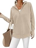 PRETTYGARDEN Womens Fall 2025 Long Sleeve Zip Up Cardigan Sweaters Casual Loose Collared Ribbed Knit Tops Jackets Thumb Hole(Light Khaki,Medium)