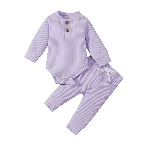 Image of One opening Toddler Baby Boy Girl Clothes Outfits Ribbed Long Sleeve Pullover Sweatshirts Pants Newborn Girl Outfit Set