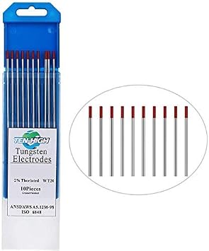 TEN-HIGH TIG Tungsten Electrodes Thorium 2% WT20(Red) Thorium Tungsten Electrode 2.4mm x150mm 10pcs Pack.