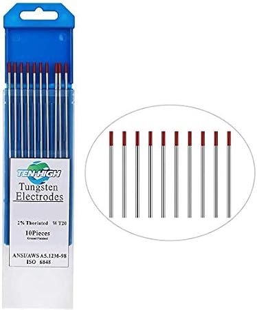 TEN-HIGH TIG Tungsten Electrodes Thorium 2% WT20(Red) Thorium Tungsten Electrode 2.4mm x150mm 10pcs Pack.